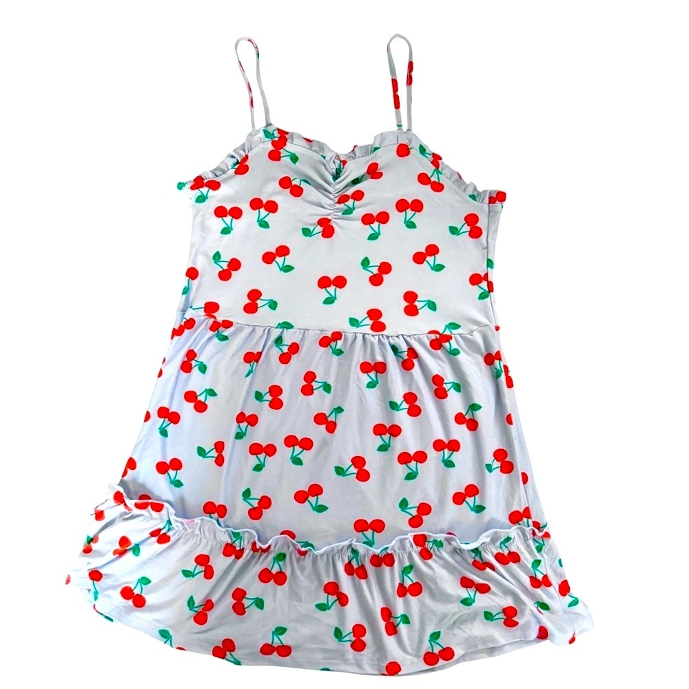 [5x$25] ⭐️ Cherry print blue spaghetti straps tiered mini dress empire waist [L]